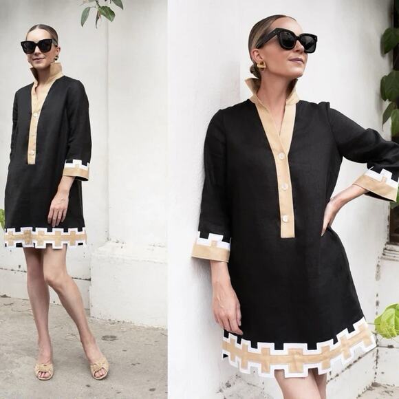 TUCKERNUCK x Atlantic Pacific Size M LINEN Collier Black Tan Shift Dress Pockets - Picture 1 of 10